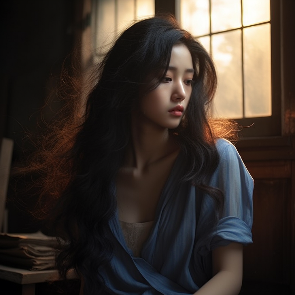 Unhappy Asian Korean girl with dirty and oily hair  ??‍♀️