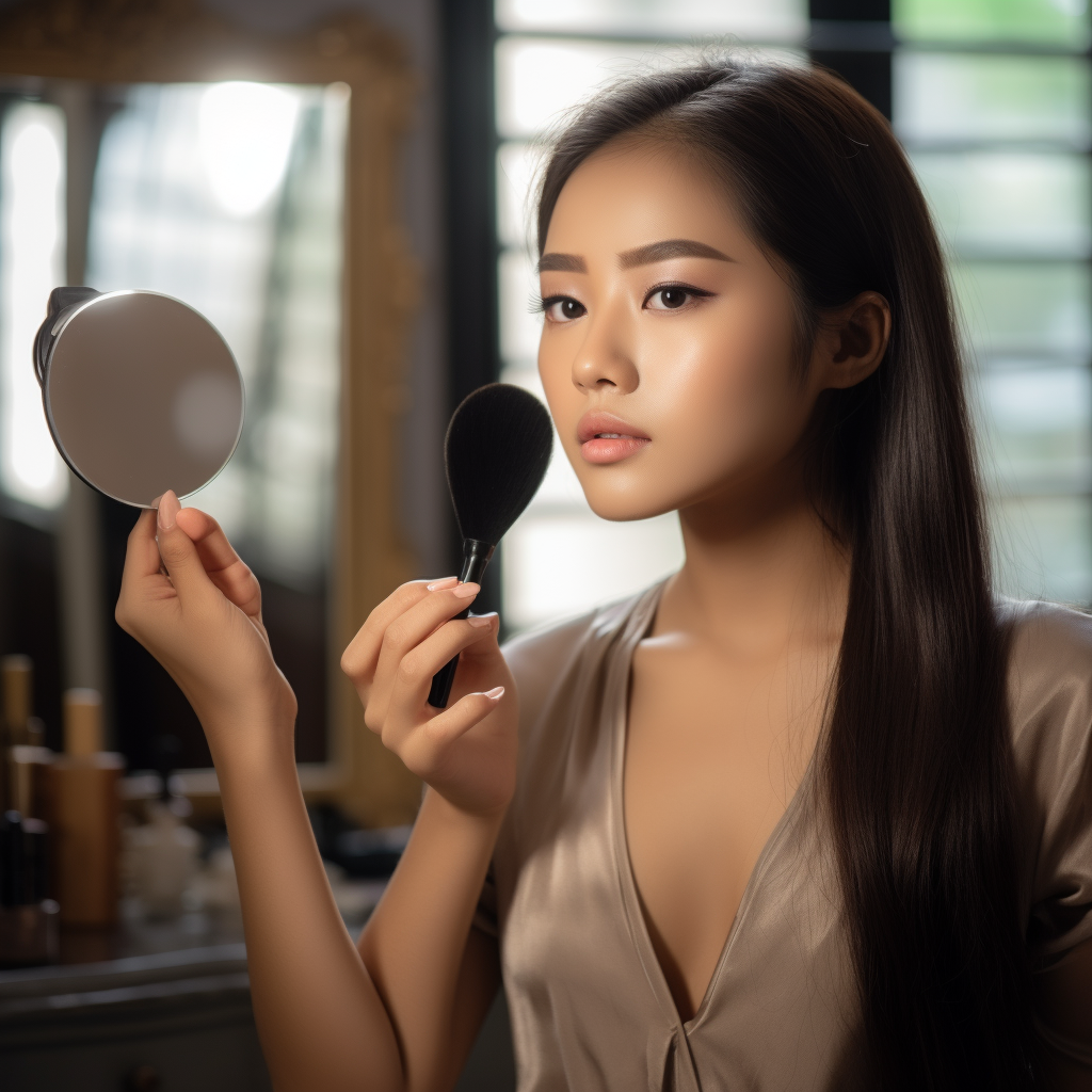 Asian lady applying makeup with sponge and powder