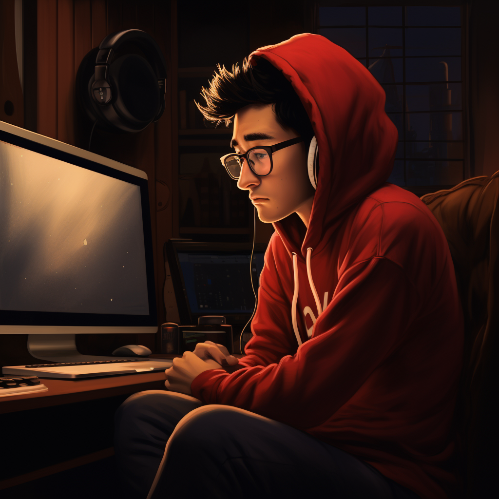 Asian Male Composer in Red Hoodie and Glasses