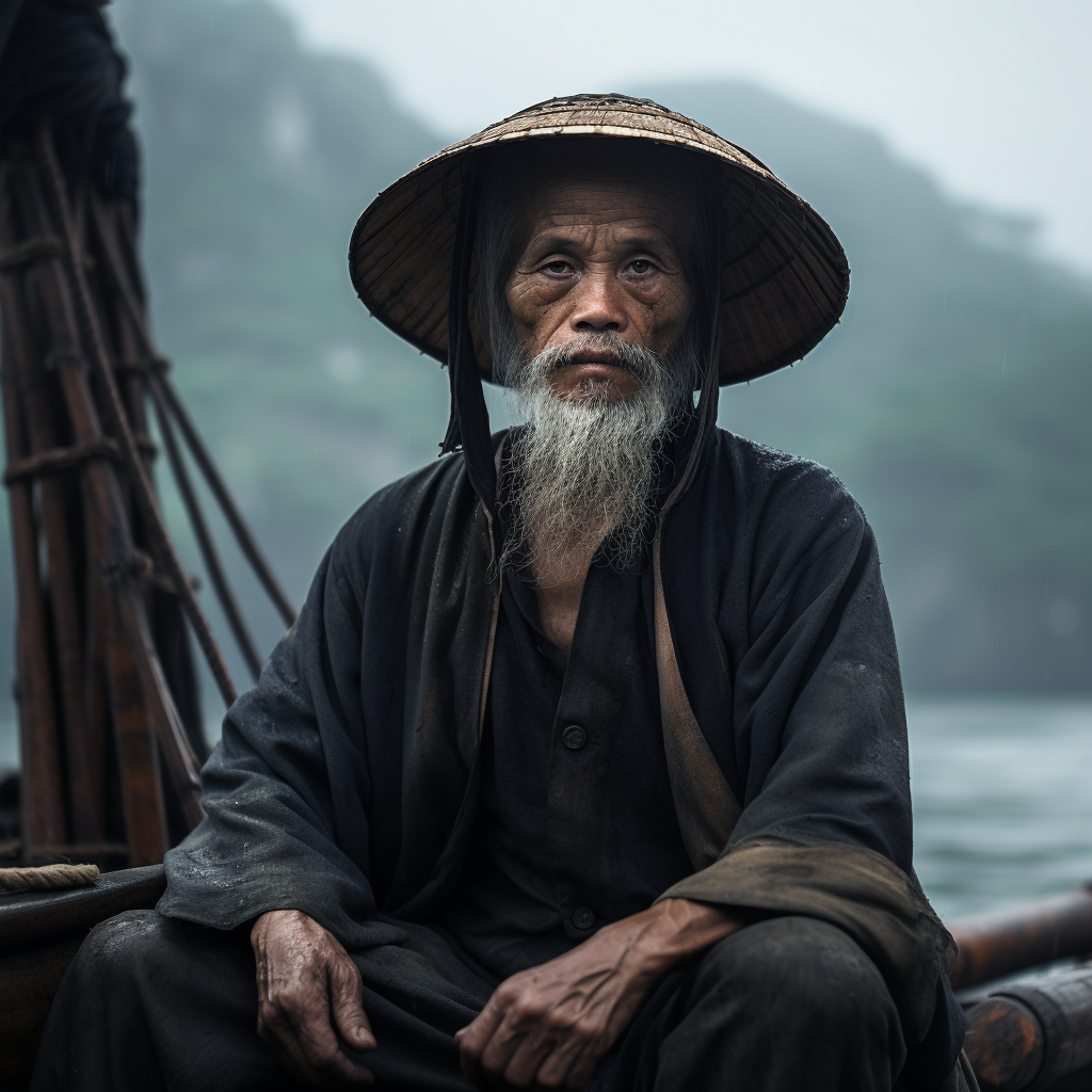 Asian man fishing in deserted village