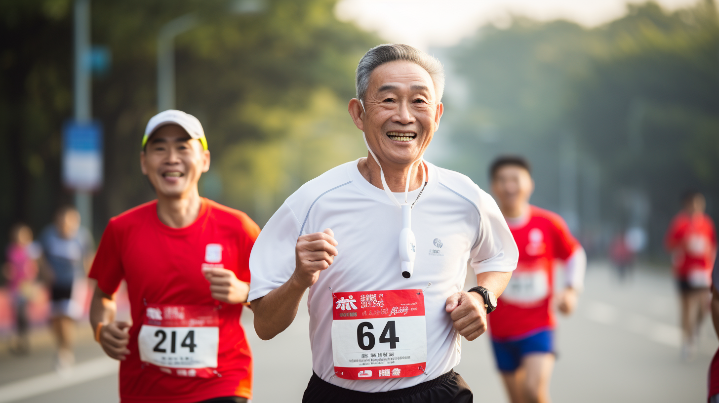 Asian man running marathon with pacemaker