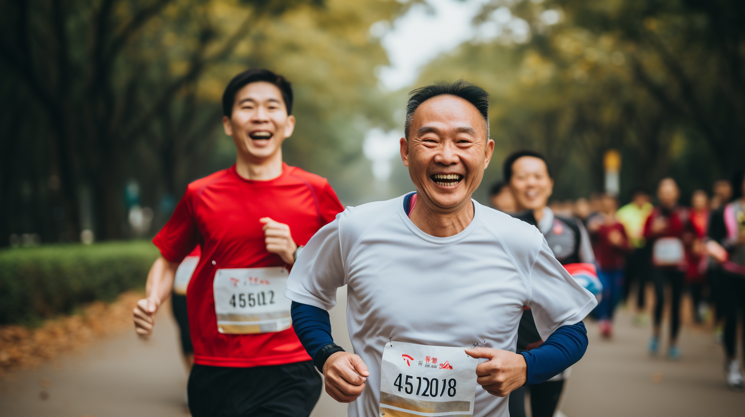 Asian man running marathon with pacemaker beside him