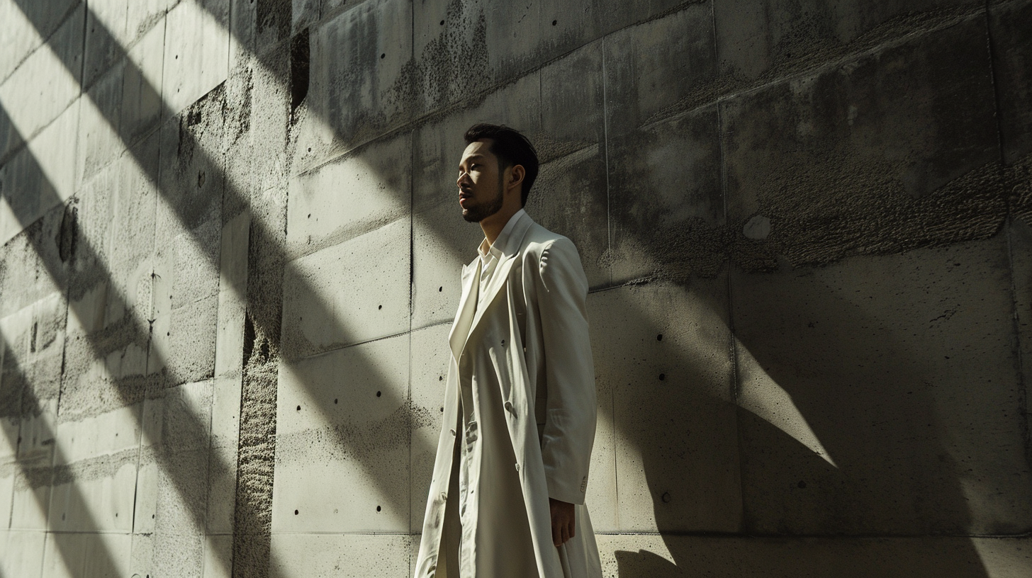 Asian Man in White Hermes Jacket leaning against sculpture