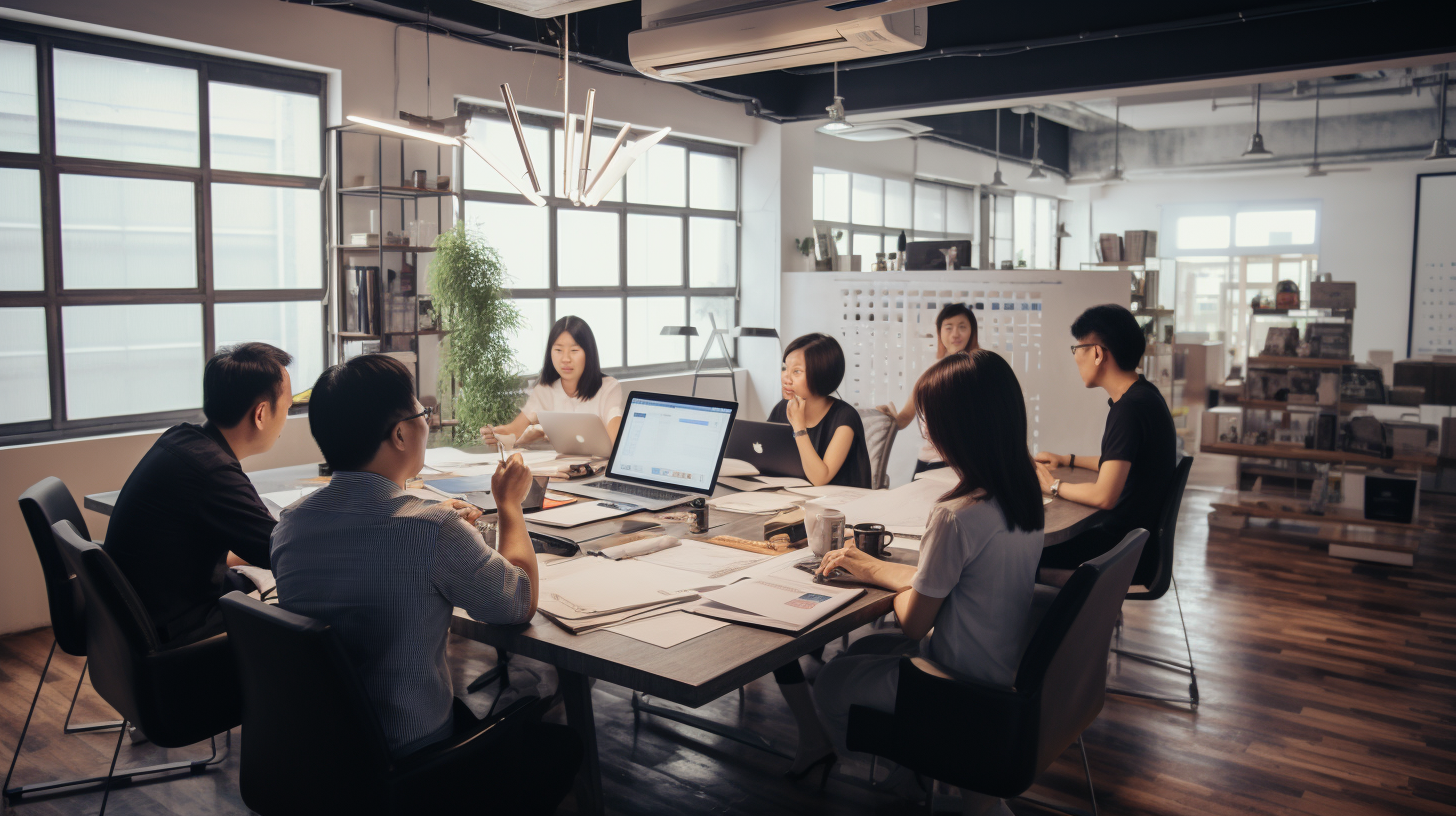 Asian marketers and designers training in minimalist office