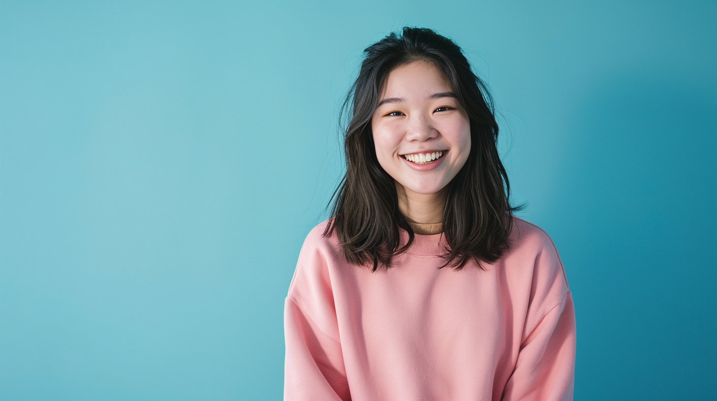 Asian model smiling in pink sweatshirt