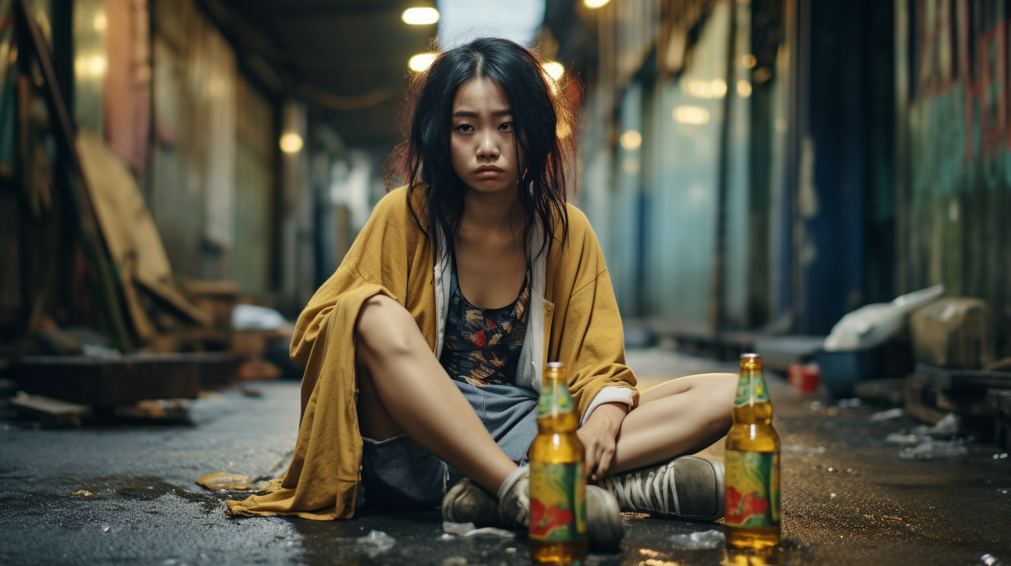 Poor Asian Woman Drinking Beer with Tears