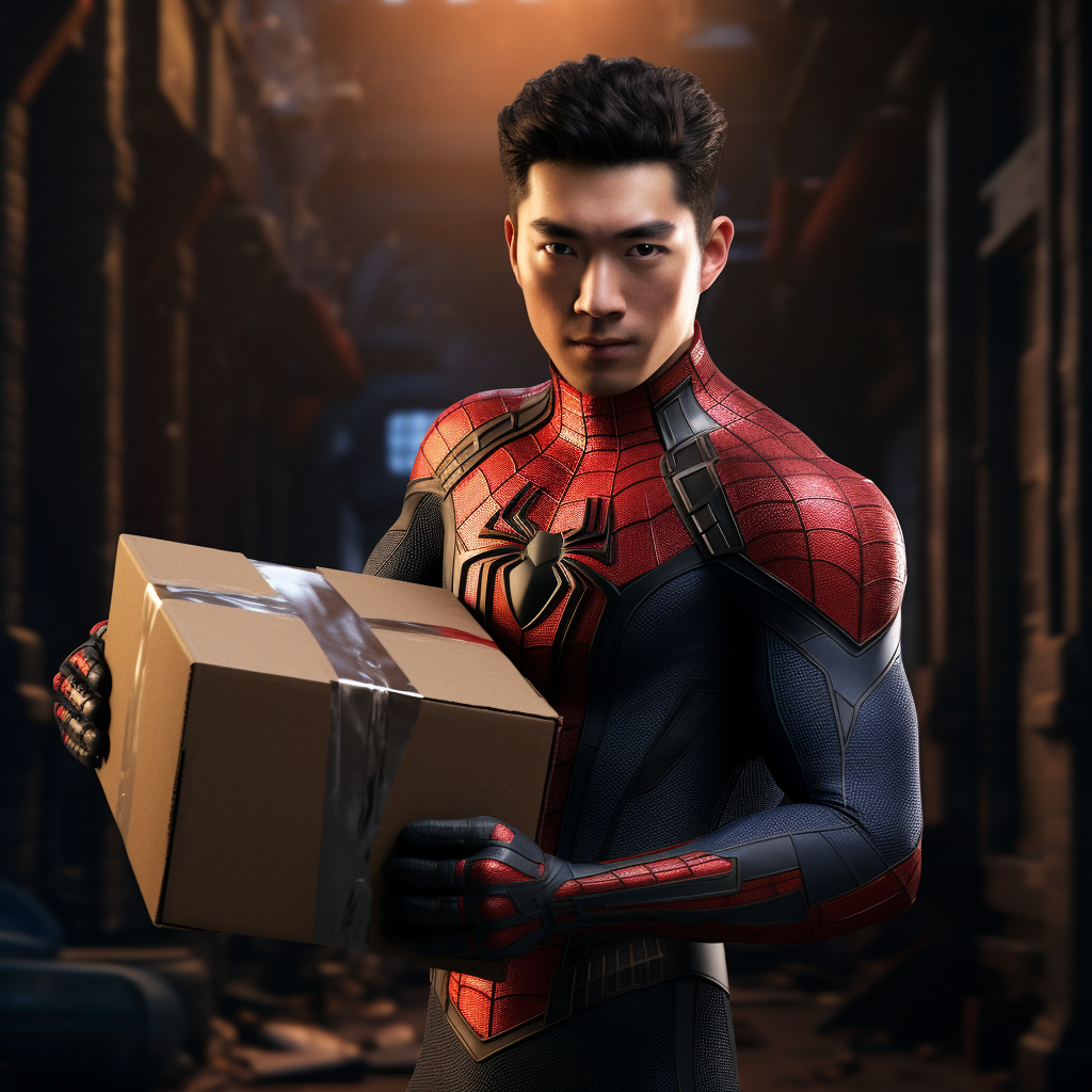 Asian Spider-Man holding an empty box