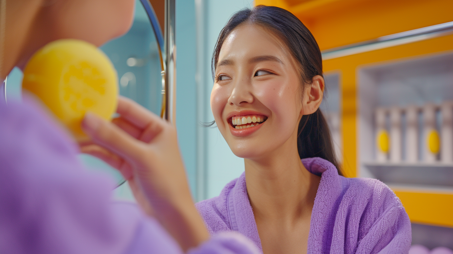 Smiling Asian Woman in Purple Outfit Mirror