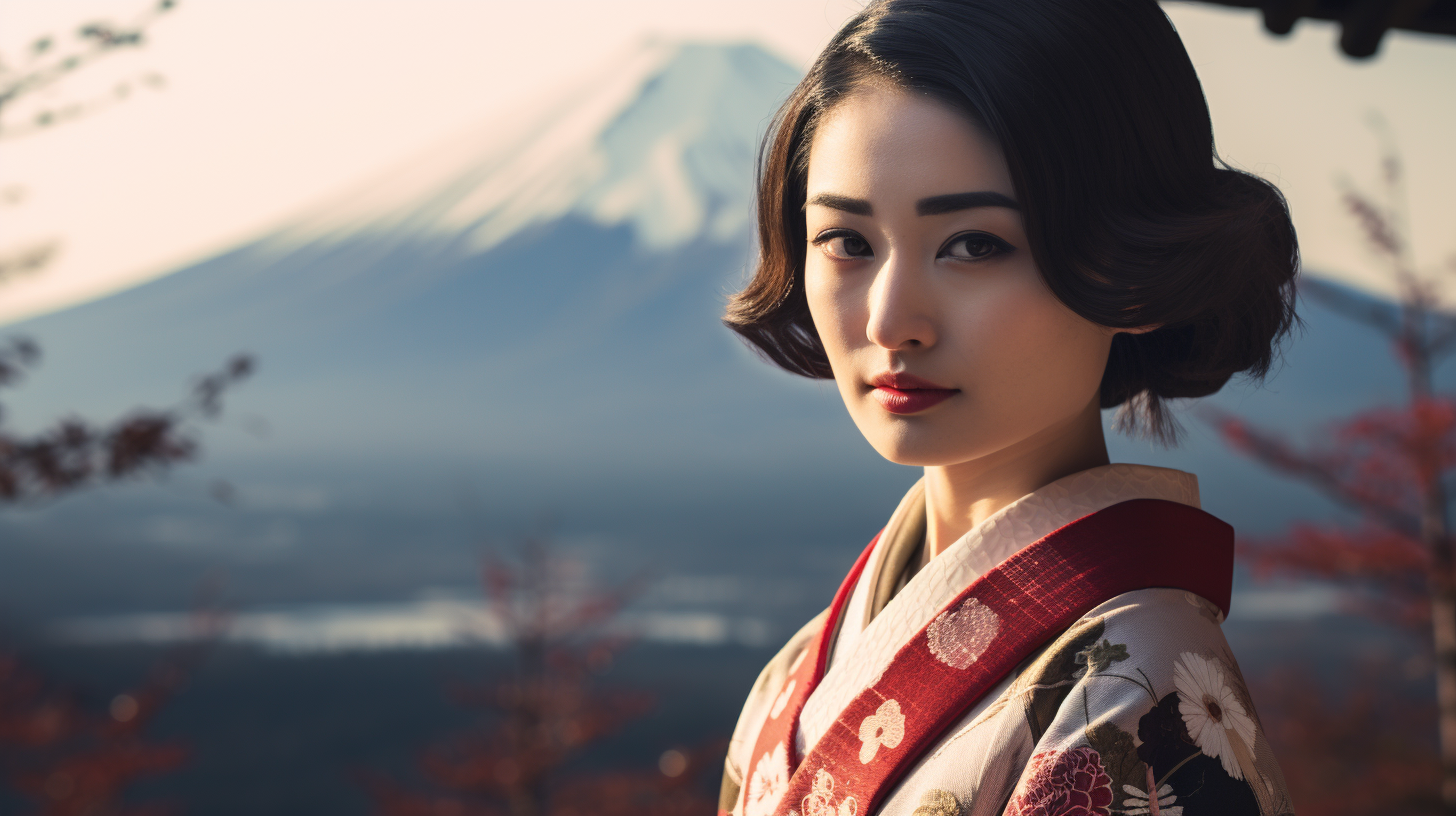 Beautiful Asian woman in traditional Japanese kimono on Mount Fuji