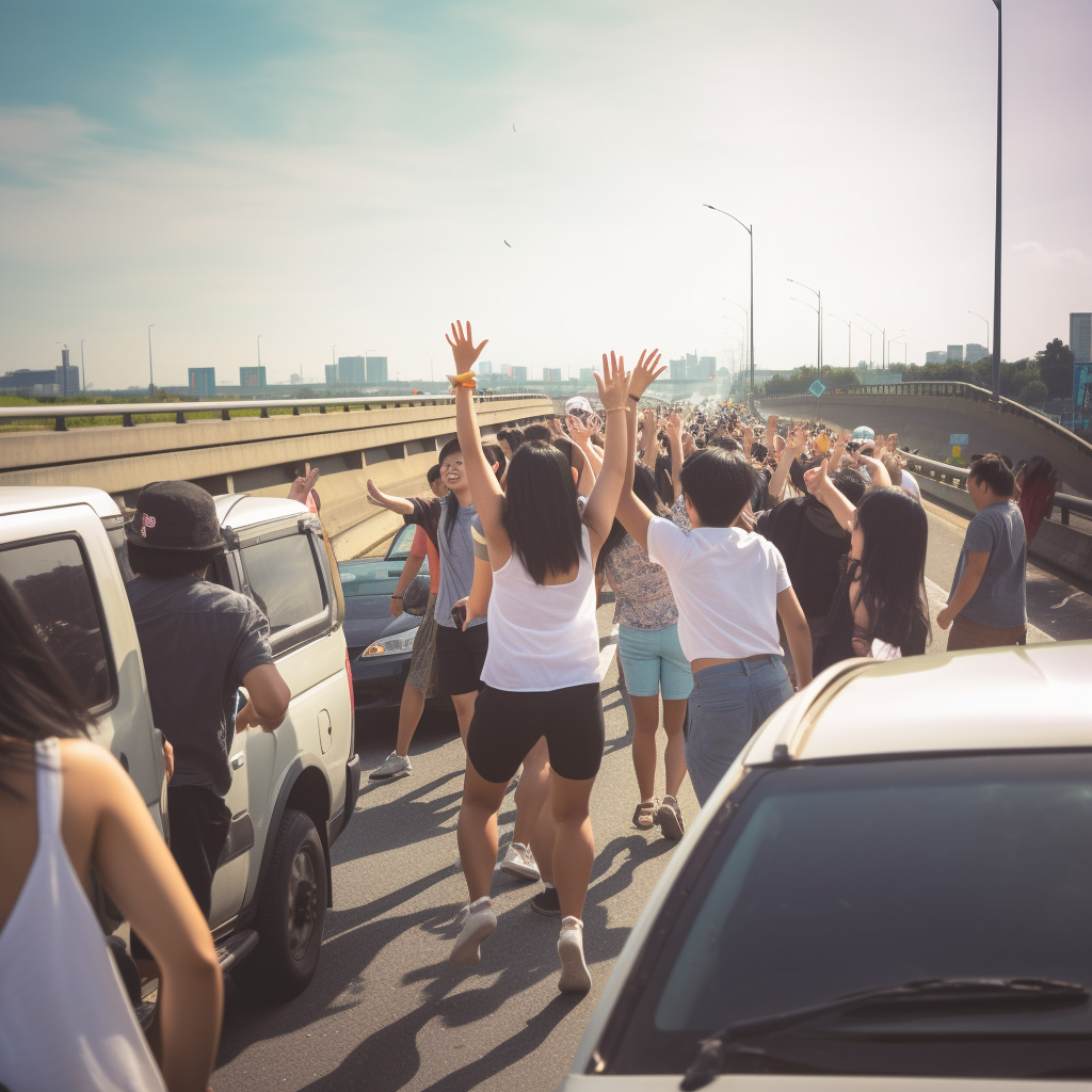 Asians Partying Traffic Jam Summertime Dancing