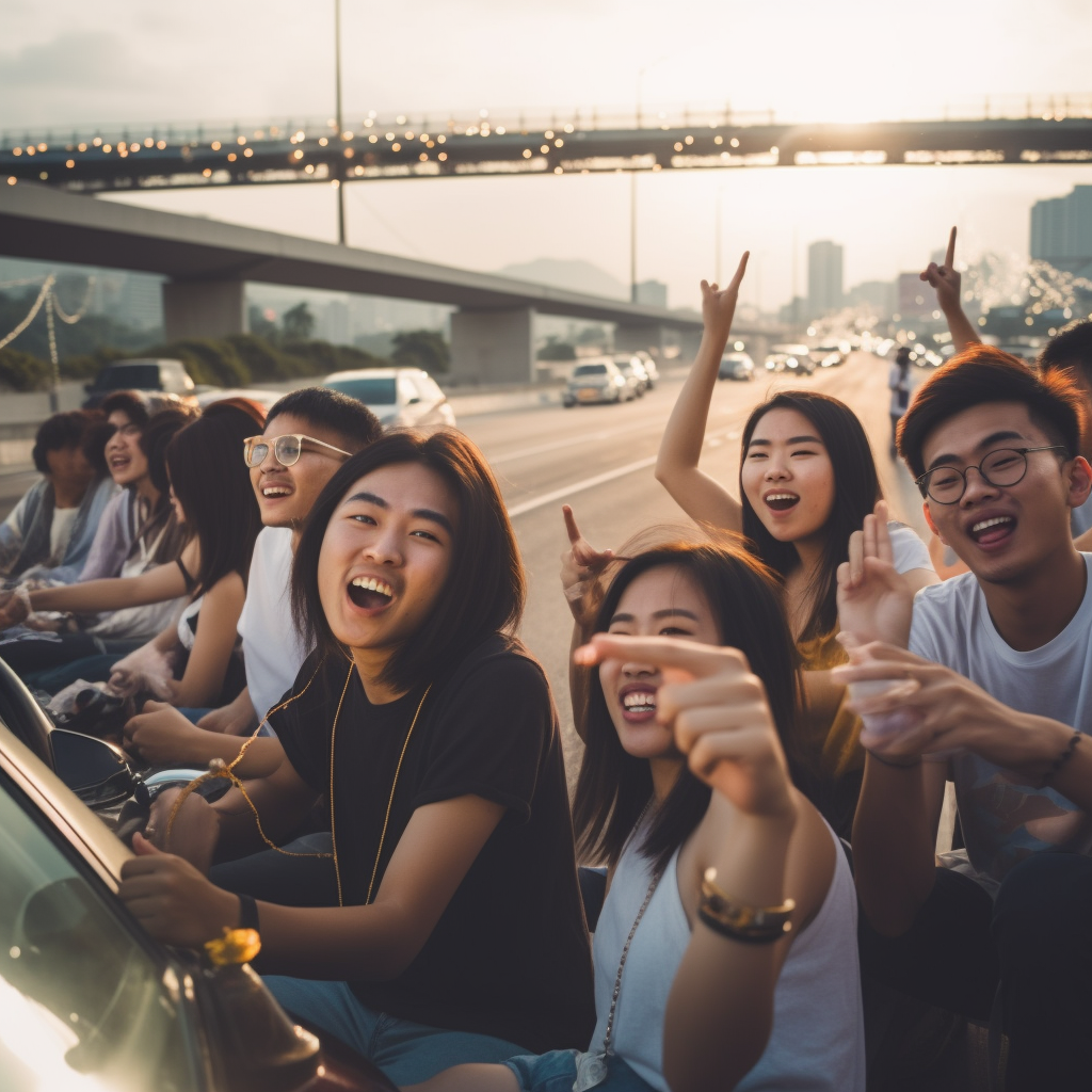 Asians Partying on Freeway Traffic Jam