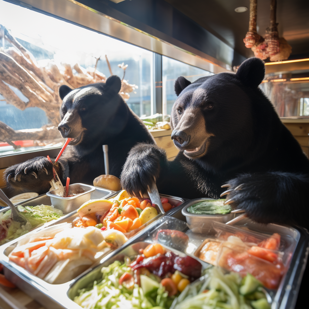 Asiatic Black Bears eating sushi at a train