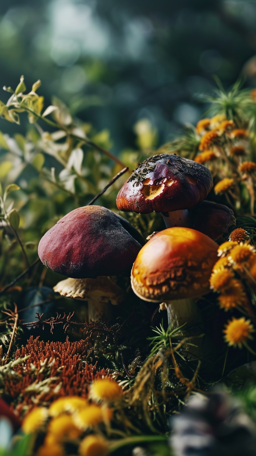 Close-up of Shiny Assortment of Antioxidant-Rich Mushrooms