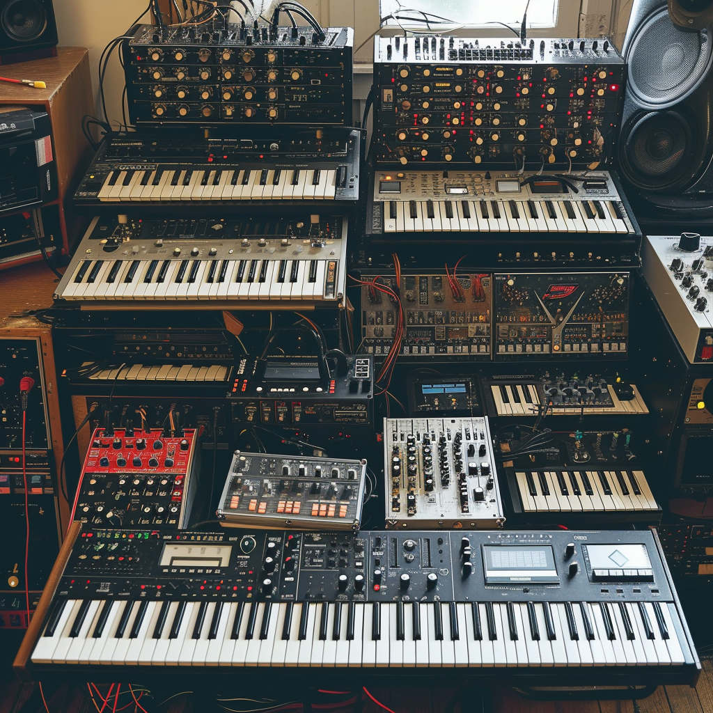 Assortment of synths on plain background