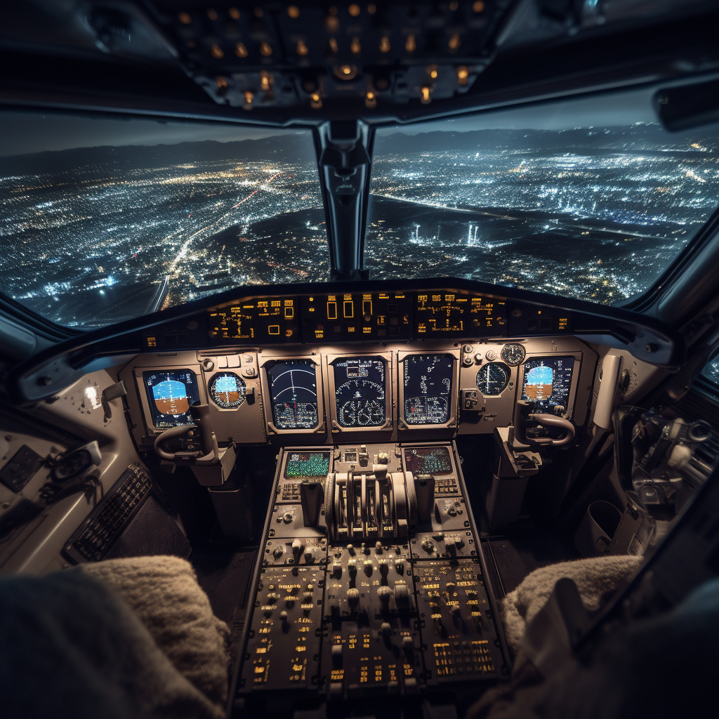 Eye-level view of commercial aircraft illuminated by city lights