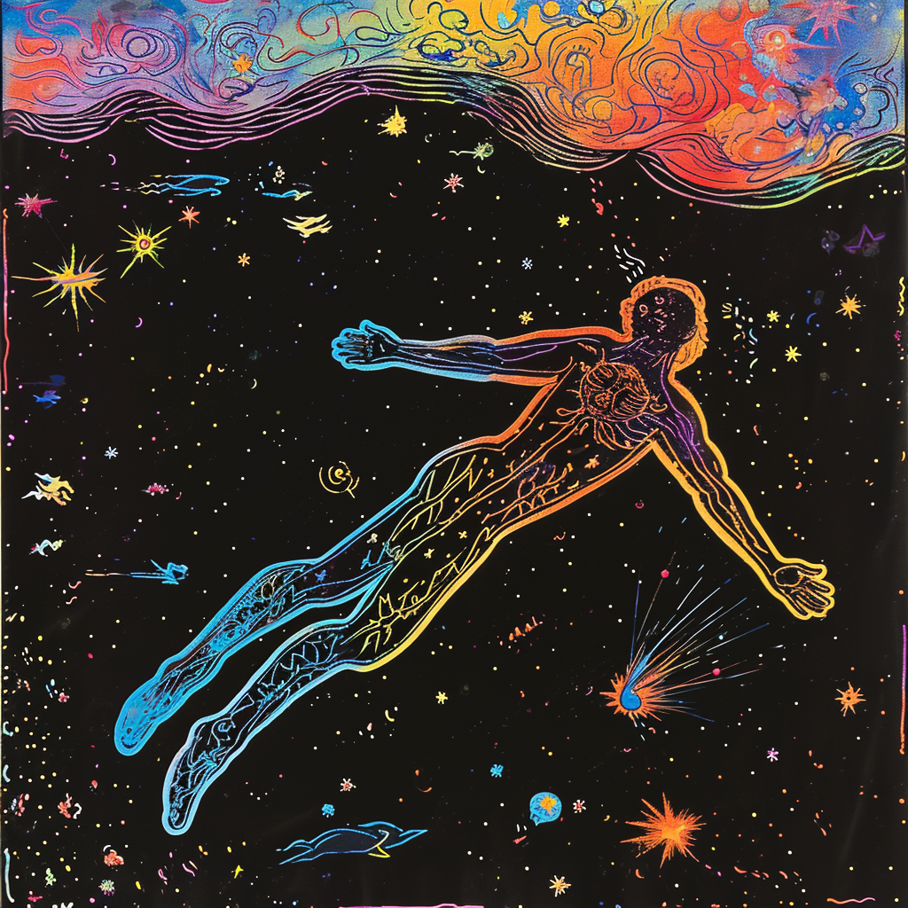 Colorful astral travel and out of body experience drawing