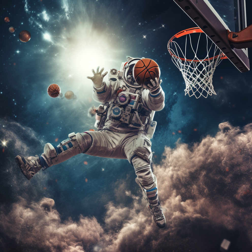 Astronaut basketball player dunking in soccer field