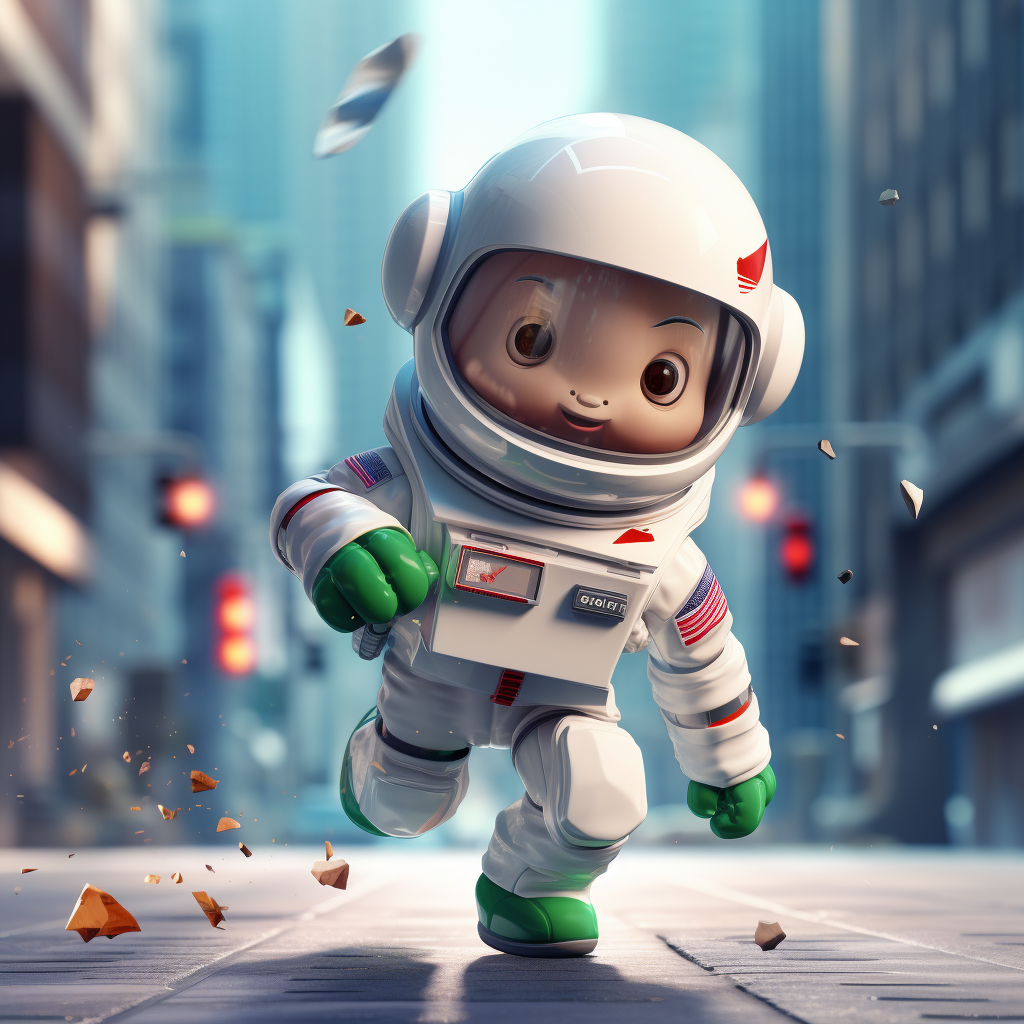 Astronaut character running in city holding mail envelope