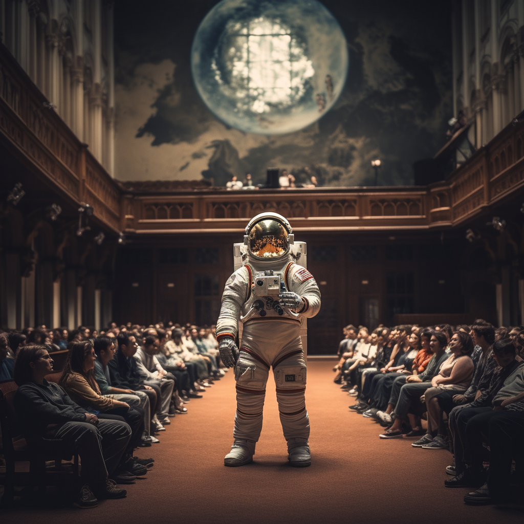 Astronaut giving inspiring college lecture