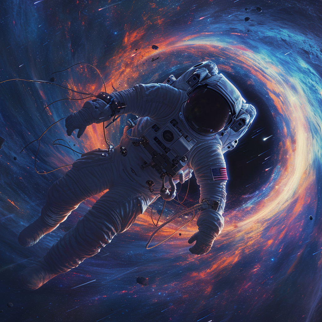 Hyper realistic portrait of astronaut crossing black hole event horizon