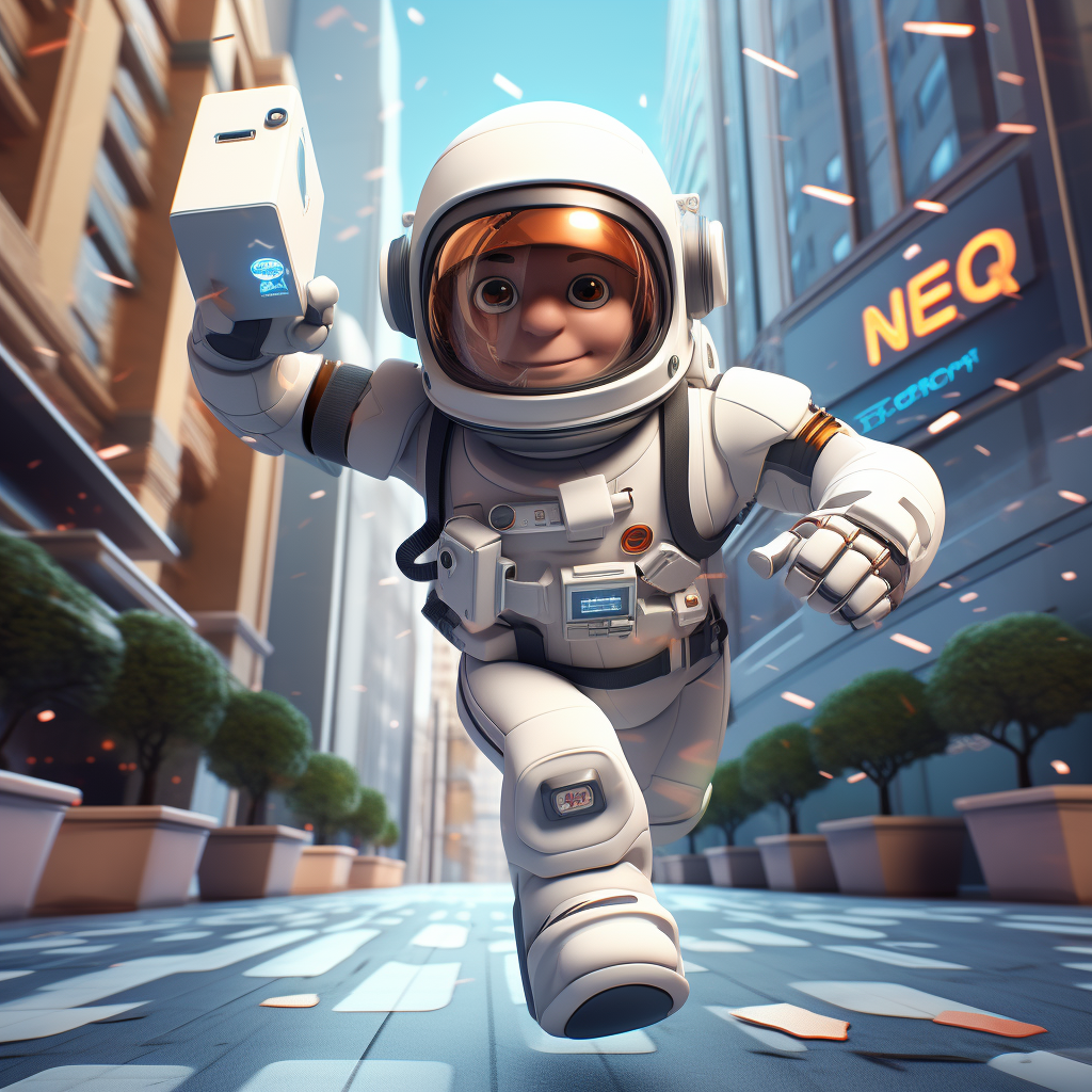 Astronaut running in city delivering mail