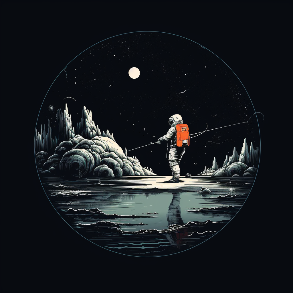 Astronaut fishing in moon crater