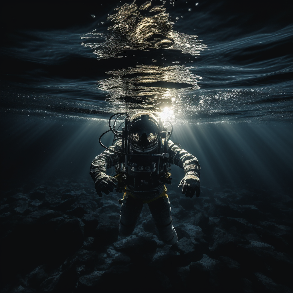 Astronaut floating on biluminescent ocean at night