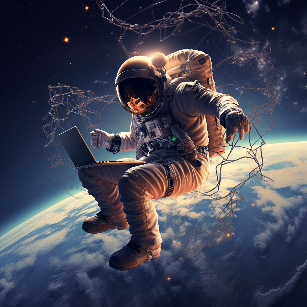 Astronaut floating in space working on laptop