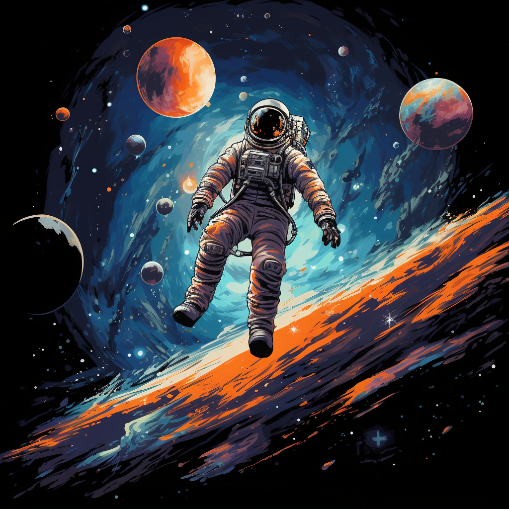 Astronaut floating in front of galaxy