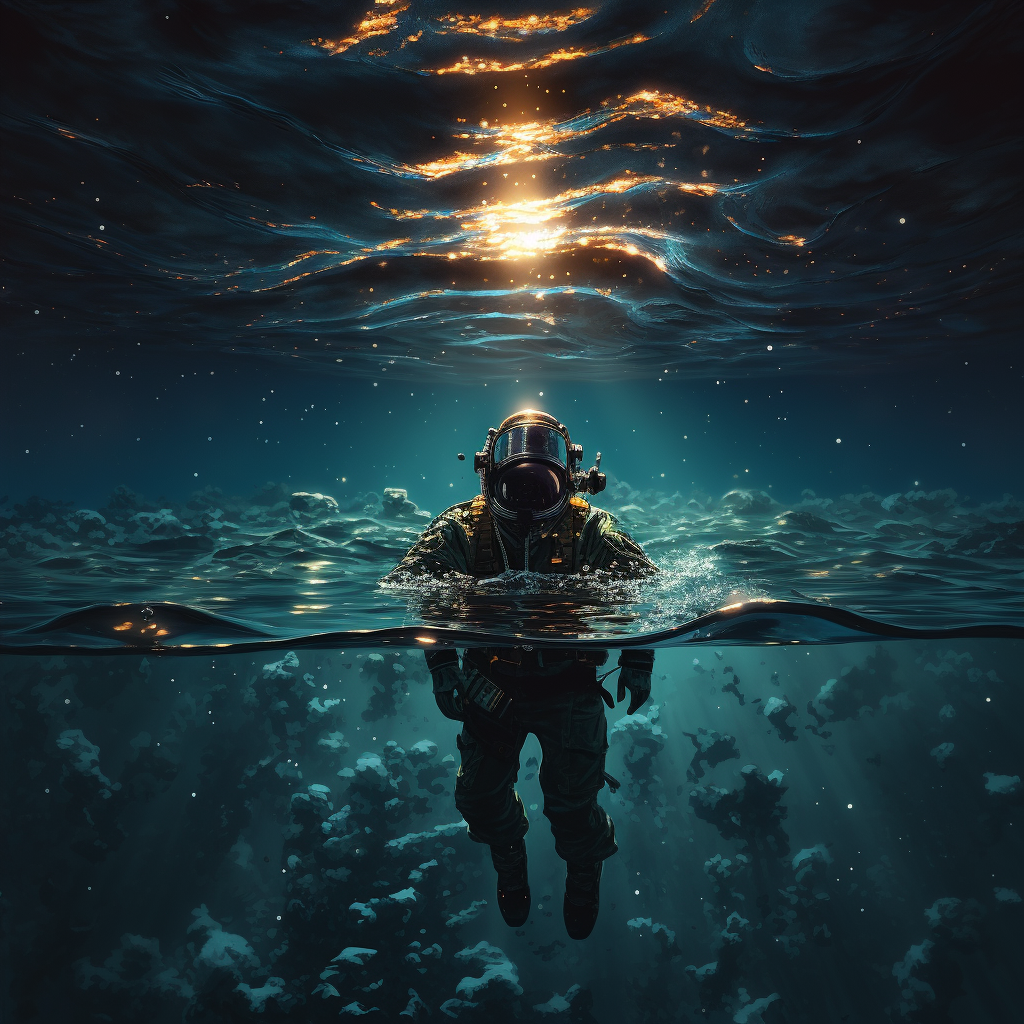 Astronaut floating on phosphorous ocean under full moon