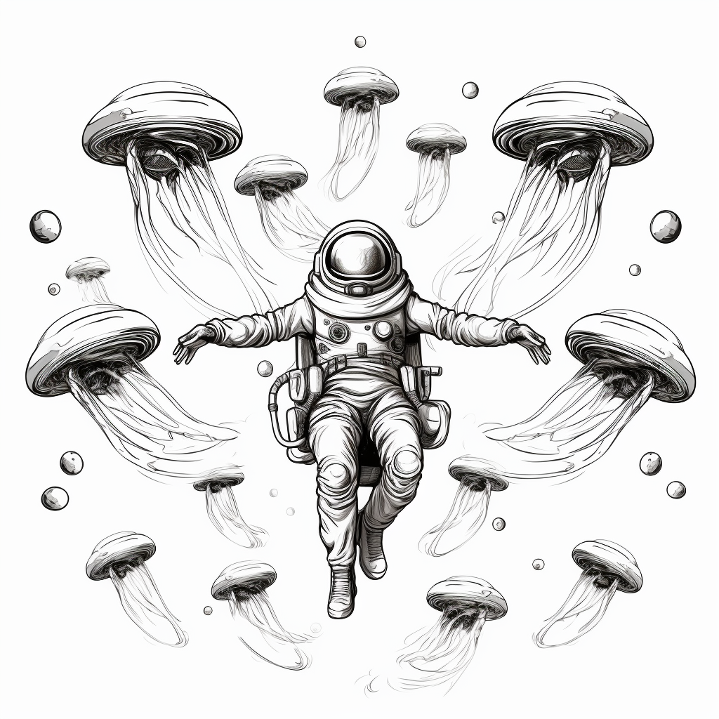 Astronaut surrounded by aliens and UFOs