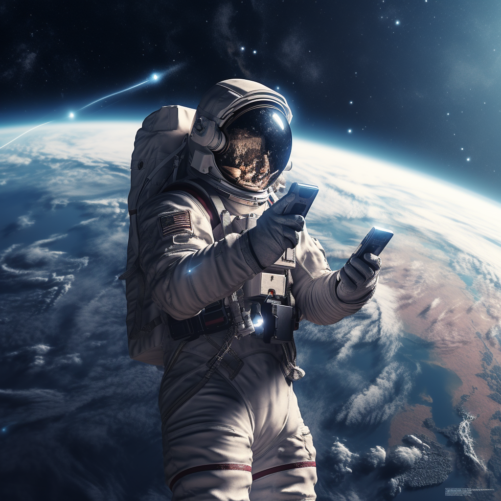 Astronaut holding phone with satellite in space