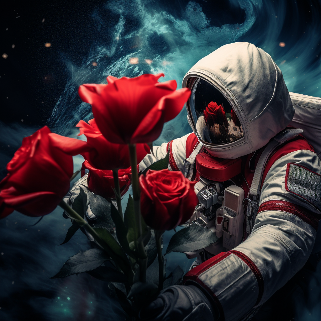 Astronaut holding red giant peony Turkish flag