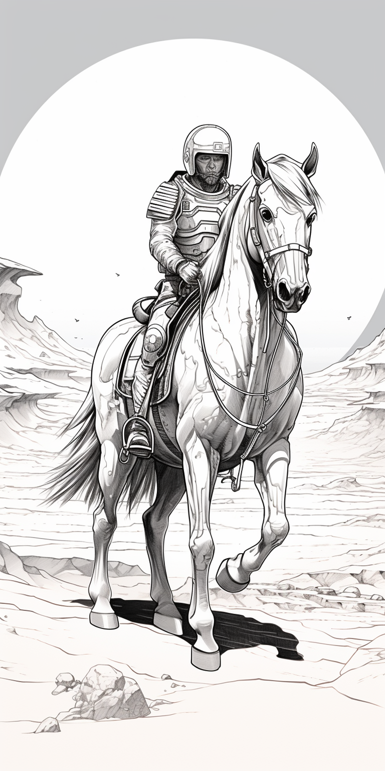 Astronaut riding horse on Mars in retrofuturism sketch