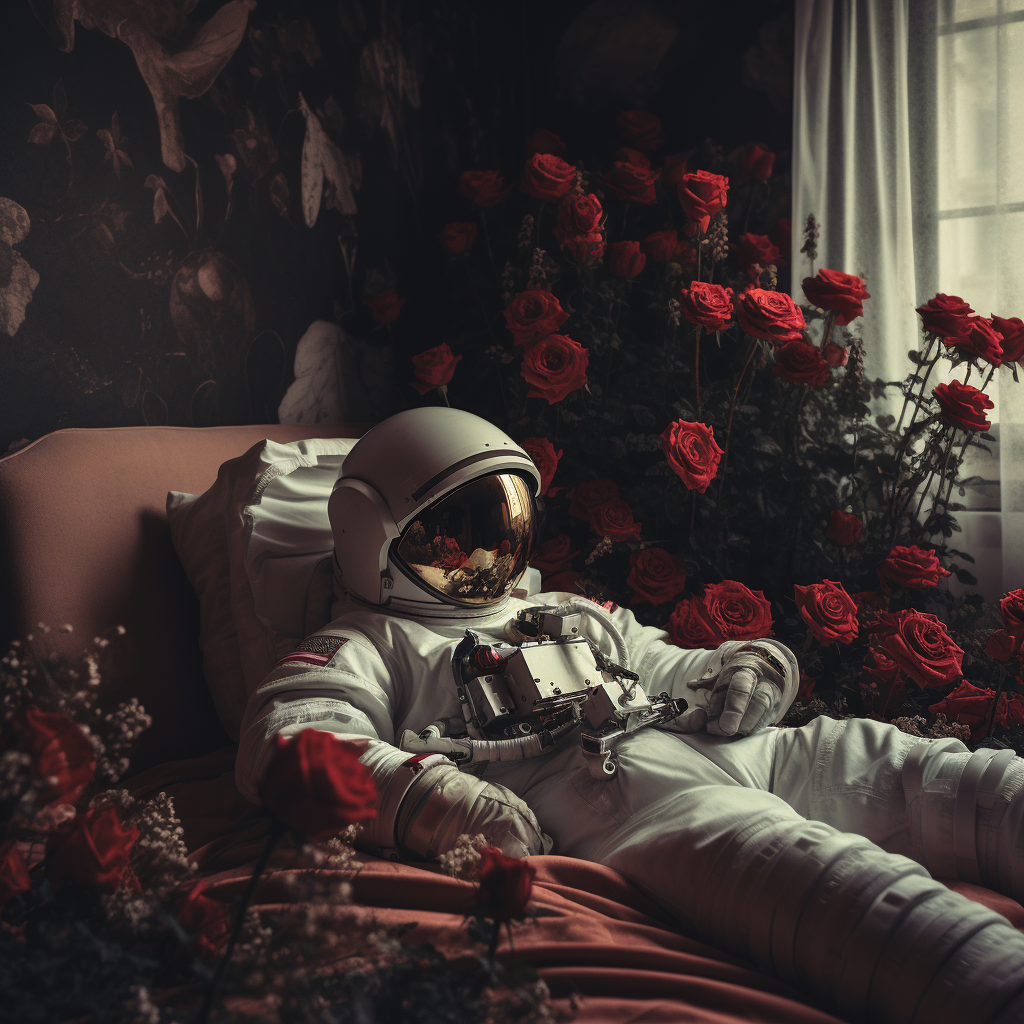 Astronaut on bed with roses