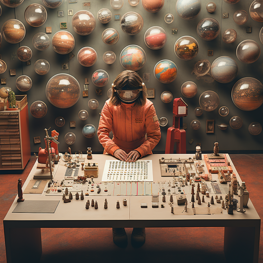 Female astronaut with inventory on table