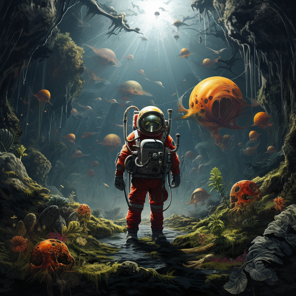 Astronaut in jungle with weird creatures