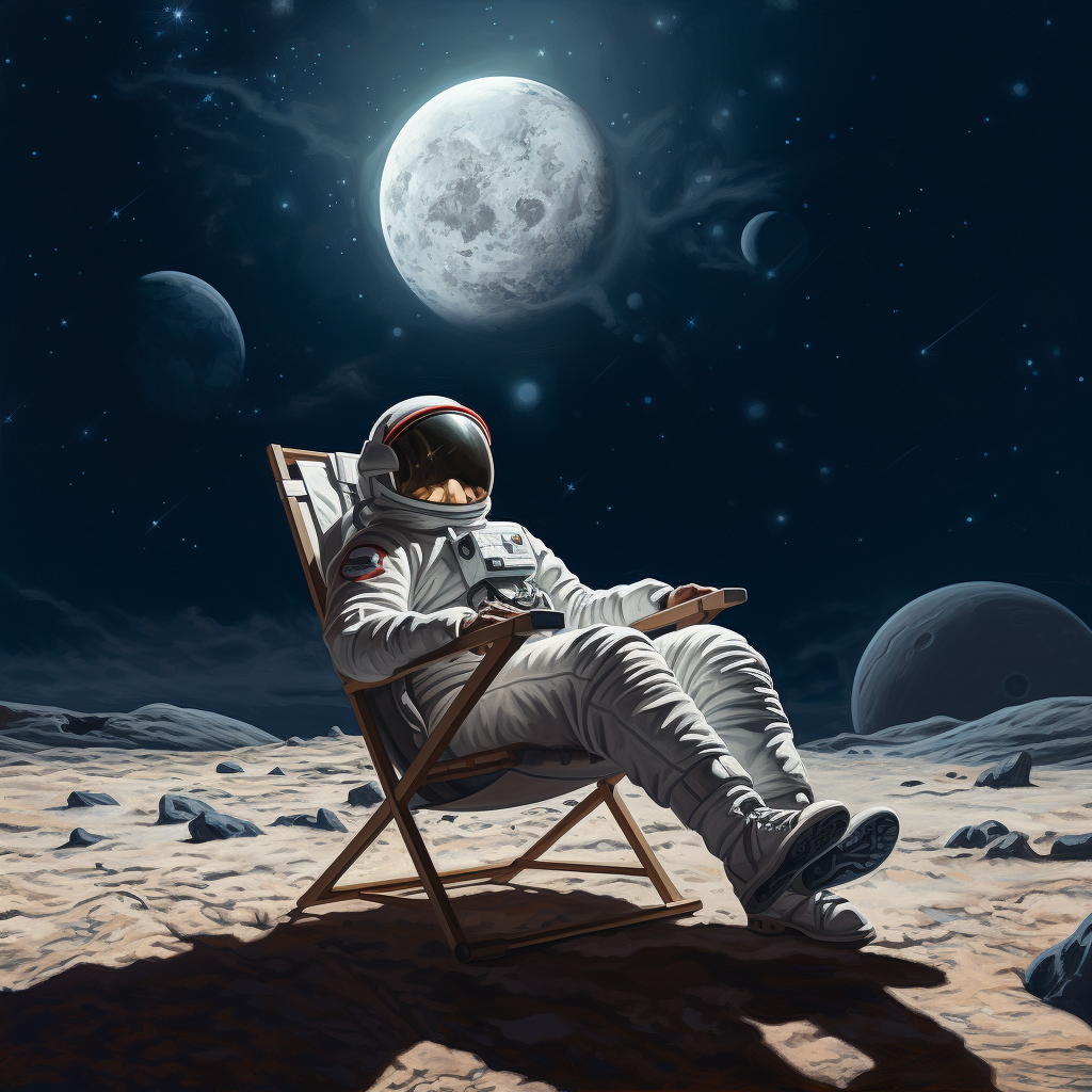 Astronaut enjoying galaxy from lawn chair