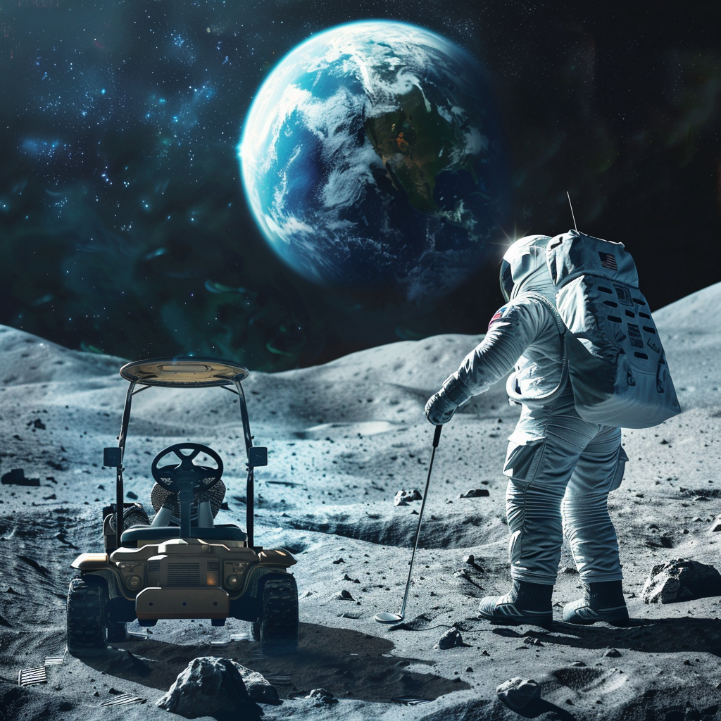 American astronaut golfing on lunar surface