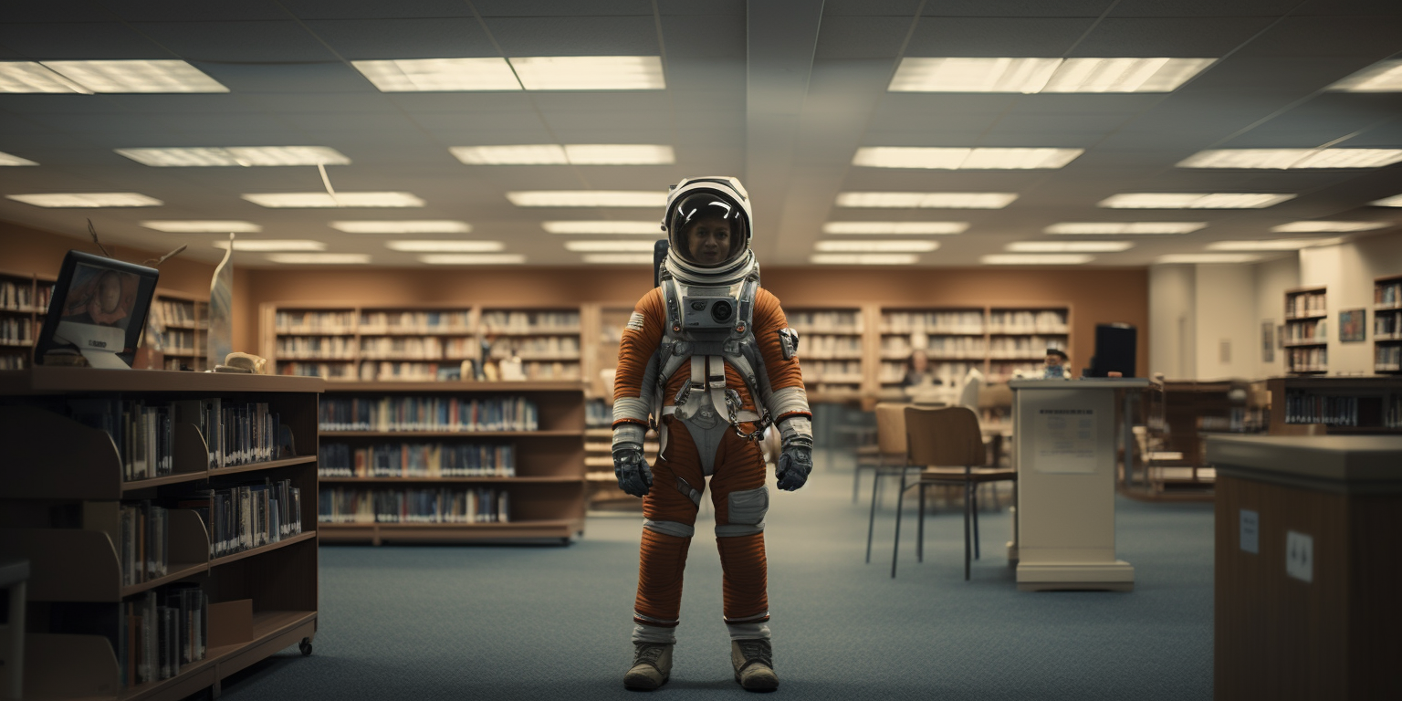 Astronaut speaking into megaphone at library