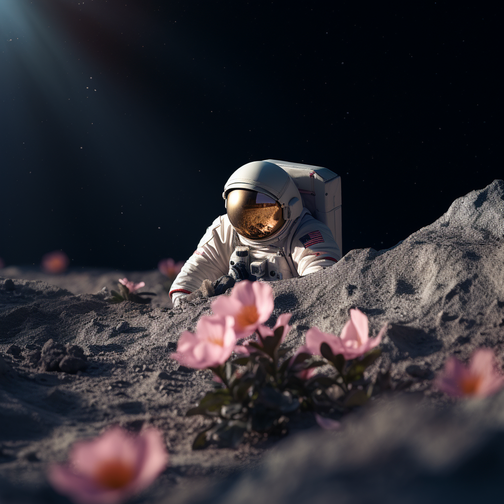 Astronaut resting on moon crater with flower