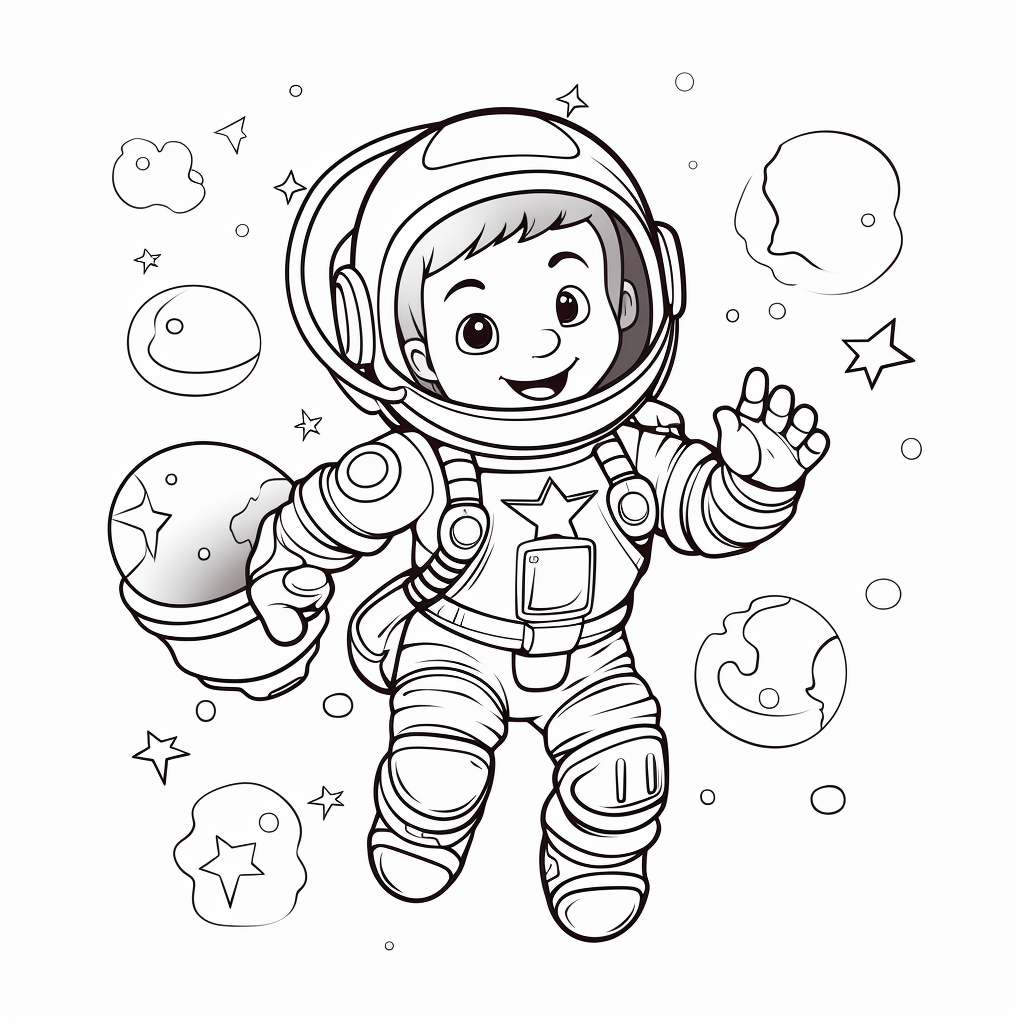 Coloring sheet of an astronaut playing with a ball