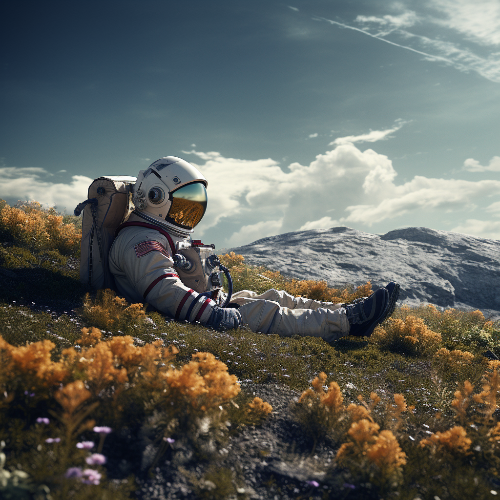 Astronaut resting on moon crater with flower and grass