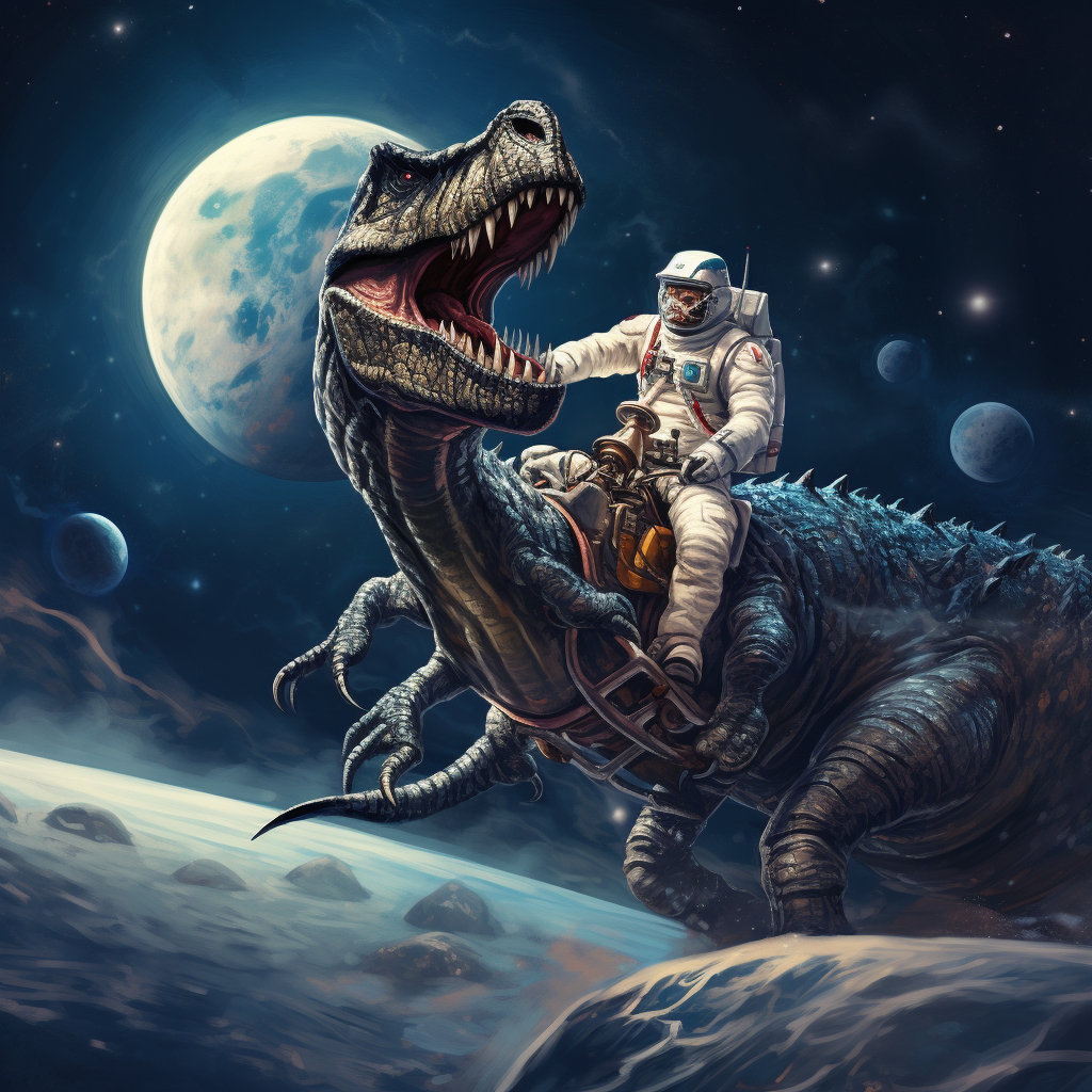 Astronaut riding Carnataurus on the Moon