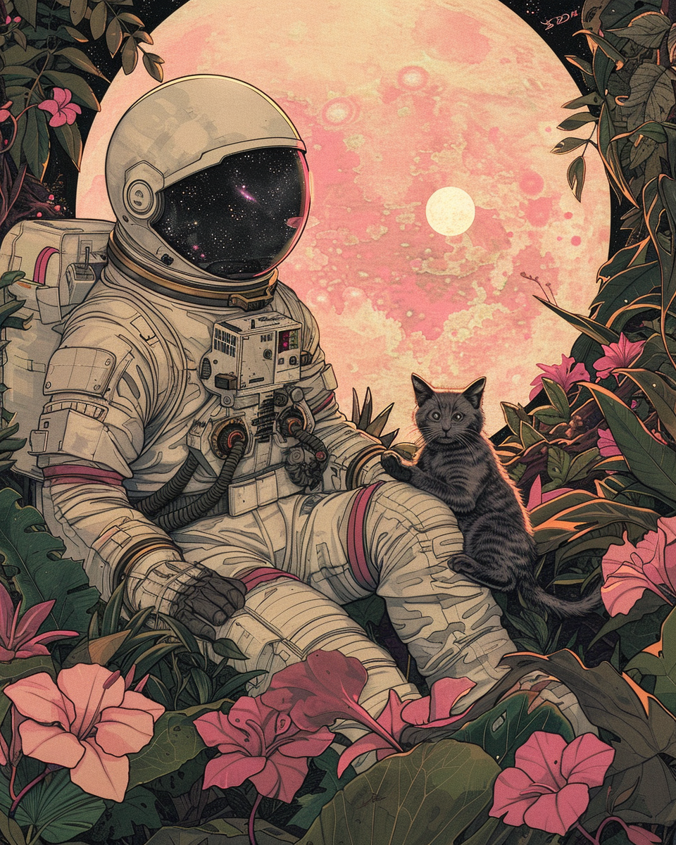 Astronaut with Siamese cat in jungle