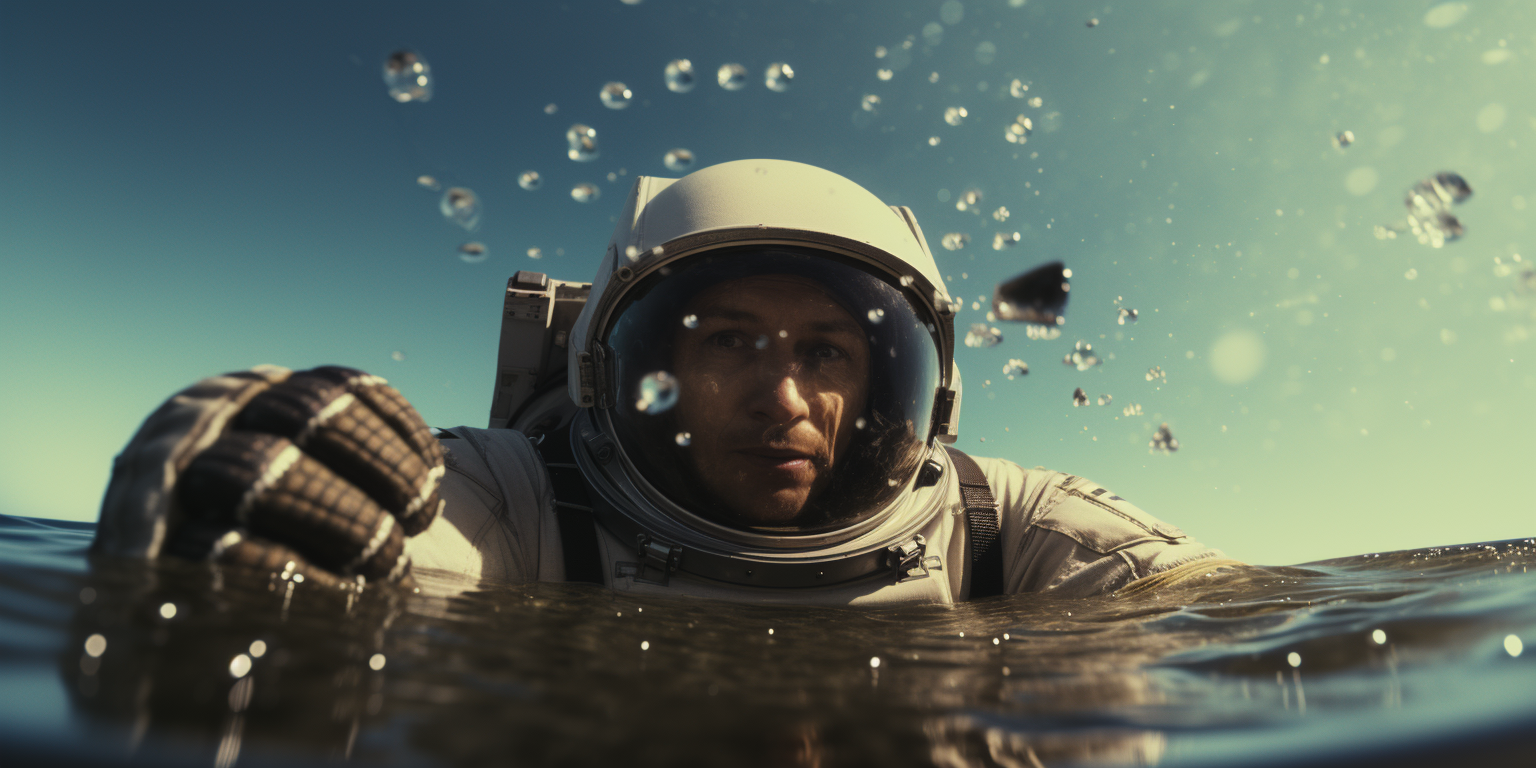 Astronaut swimming in coffee, cinematic still