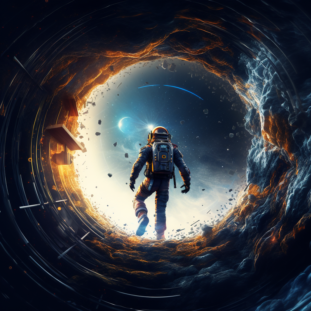 Astronaut traveling through wormhole