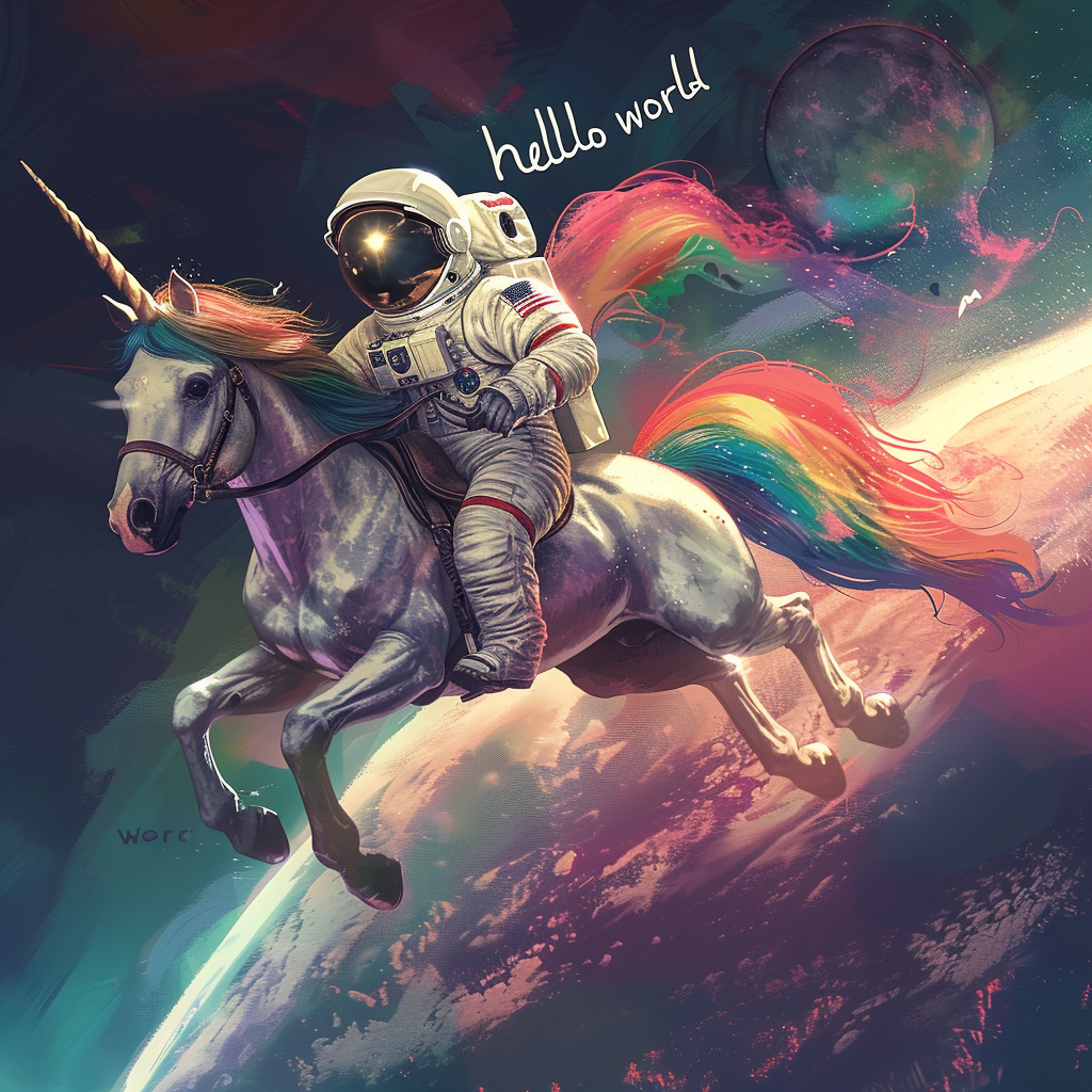 Astronaut riding rainbow unicorn hello world