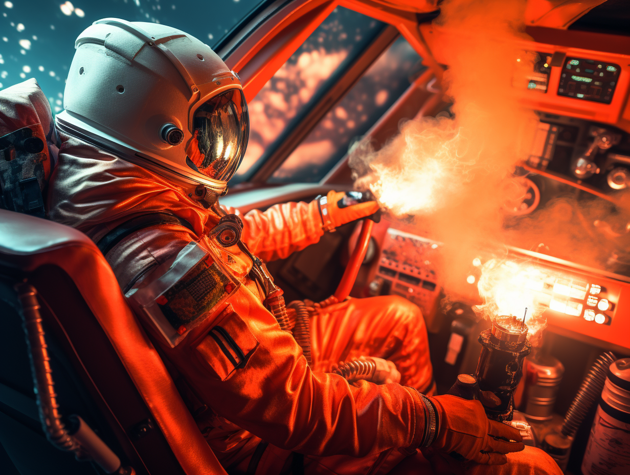 Scarlet orange astronaut vaping in cockpit