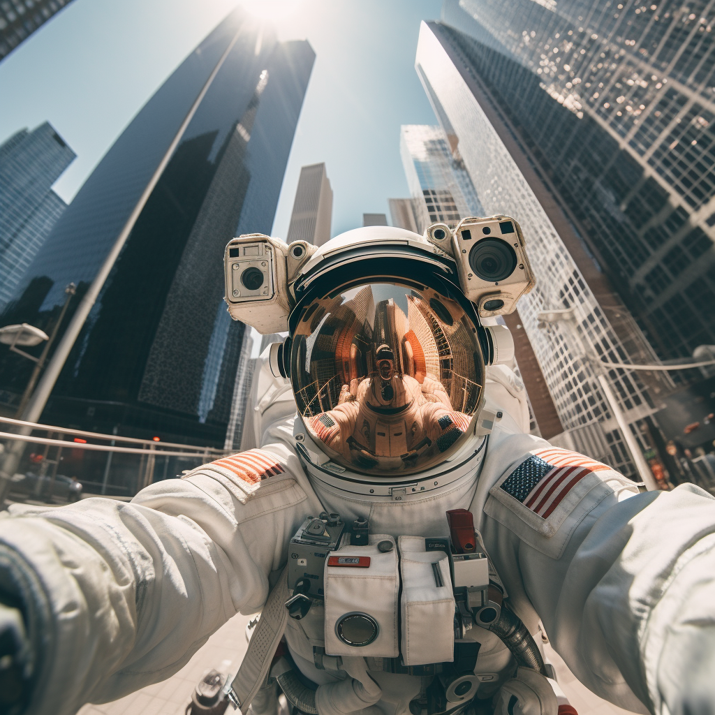 Astronaut taking selfie in the city